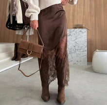 Load image into Gallery viewer, Women Satin Lace Patchwork Midi
Skirt
